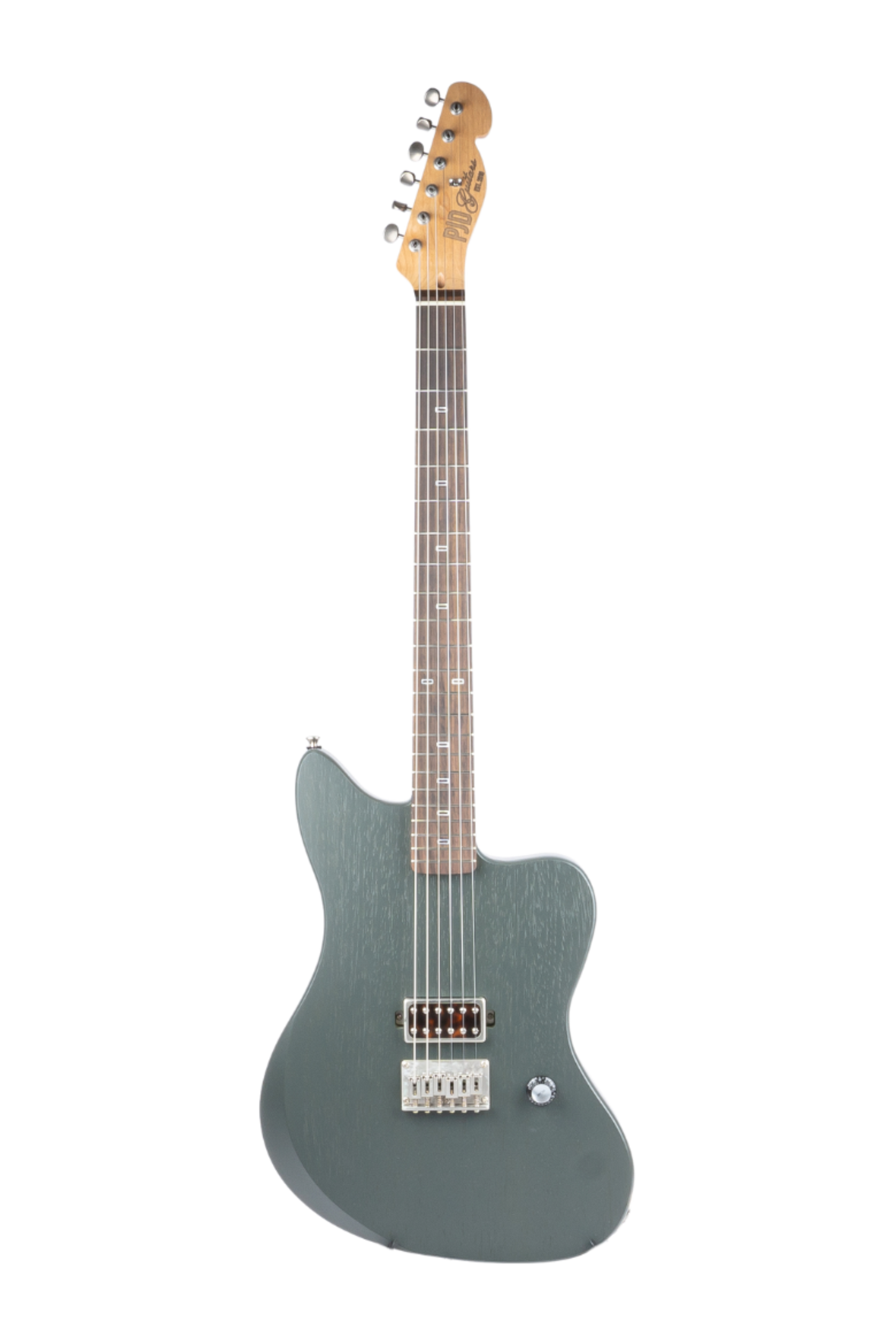 Electric guitar with a metallic finish on a white background