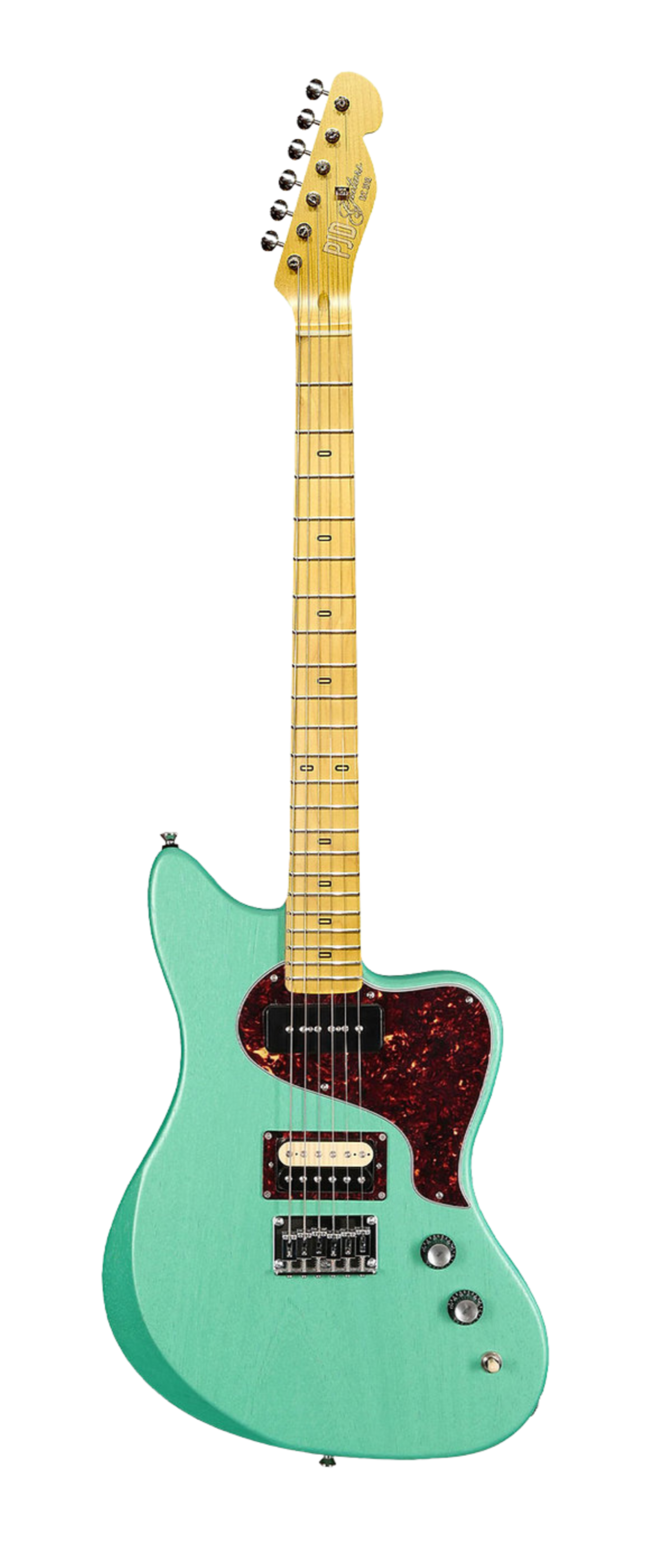 Green electric guitar with a white background
