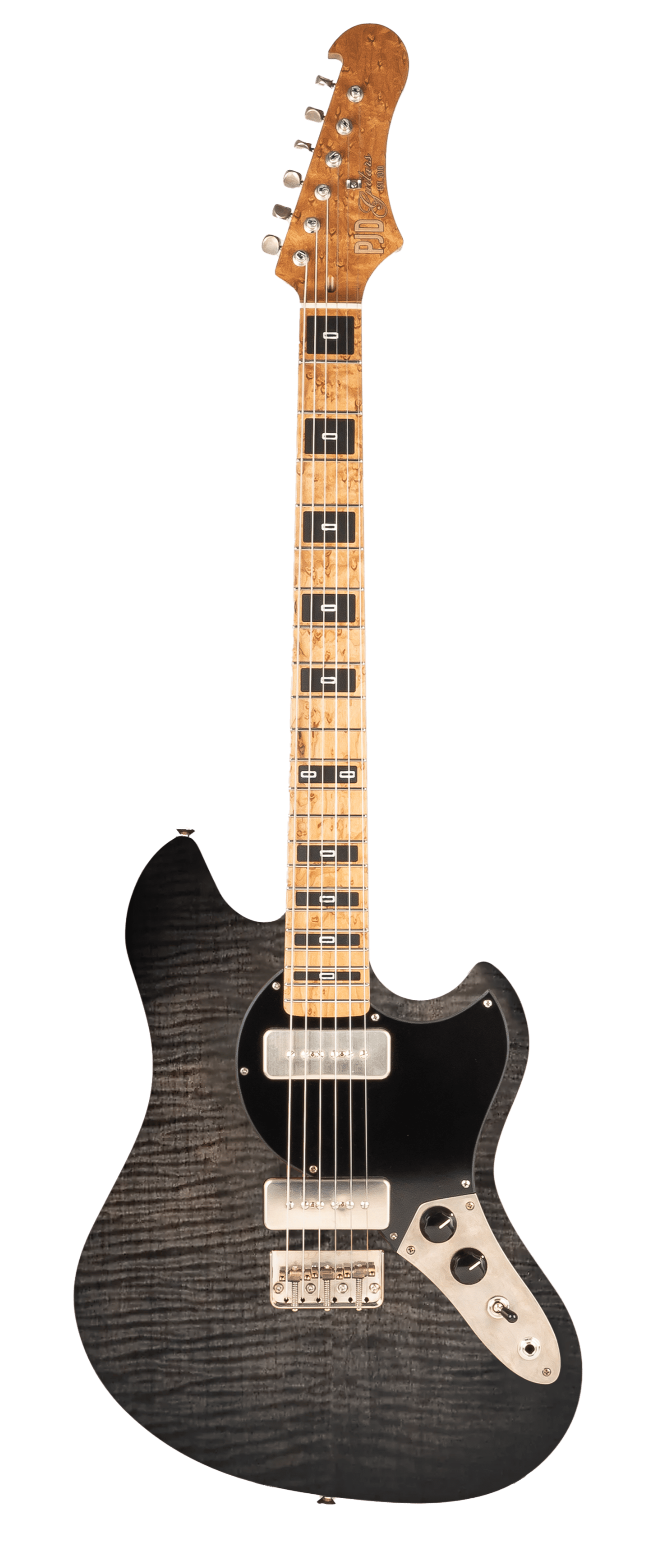 Electric guitar with a black body and wooden neck on a transparent background