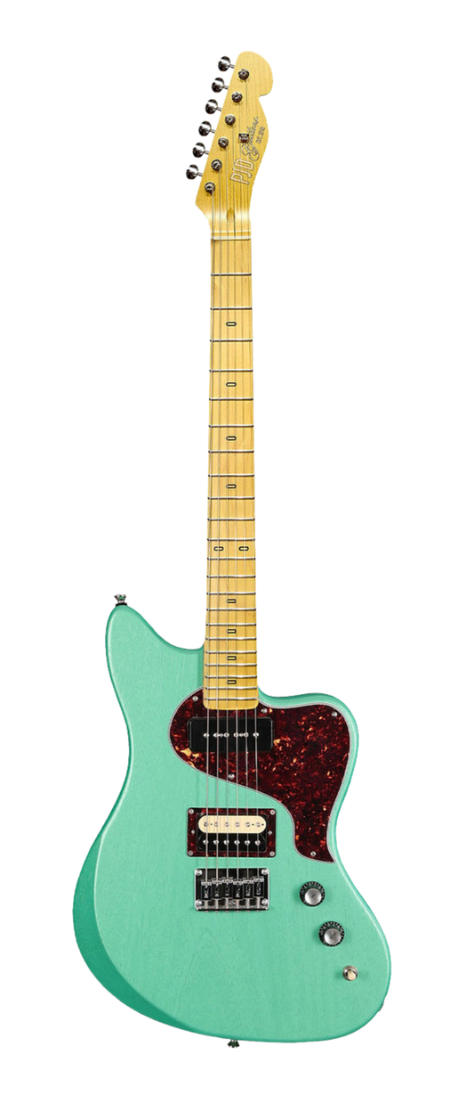 Green electric guitar with a white background