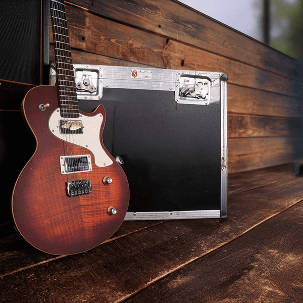 Guitar leaning against a guitar case on a wooden surface with a blurred outdoor background