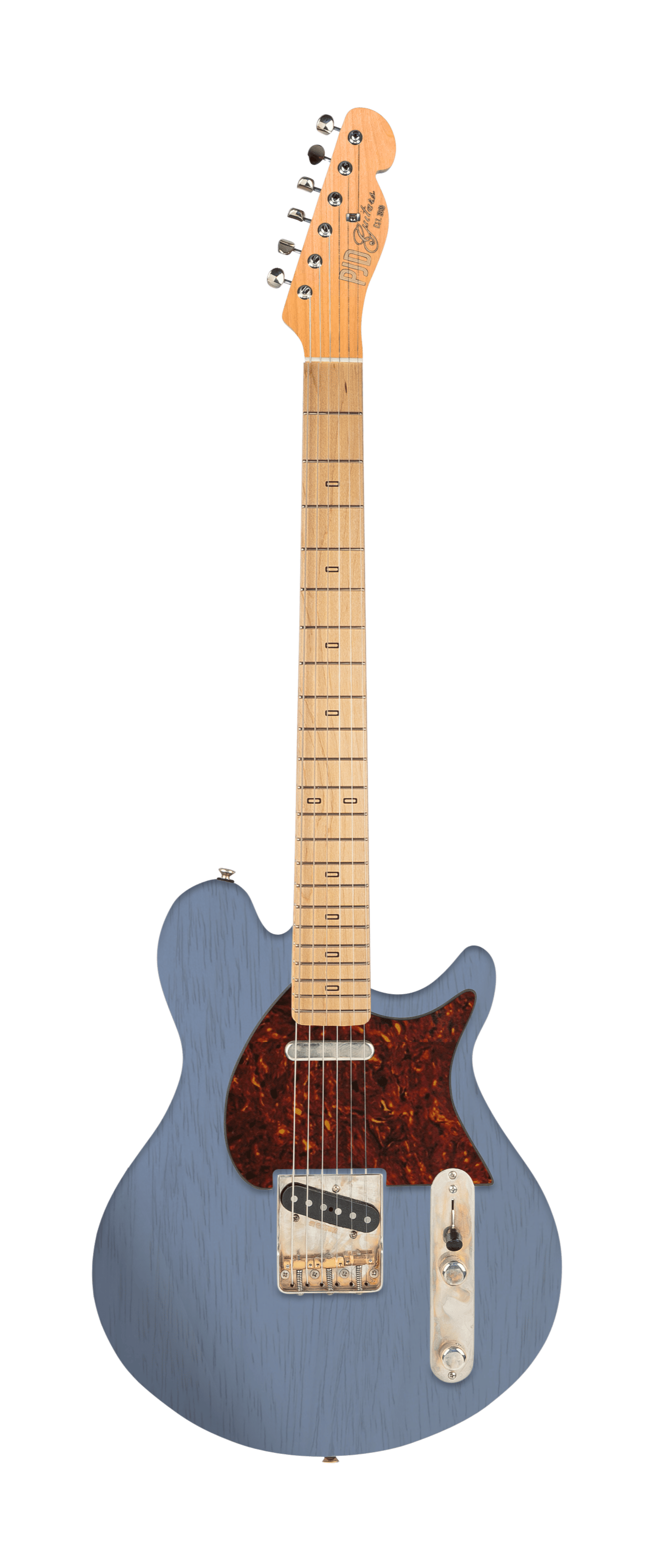 Blue electric guitar with a brown pickguard on a transparent background